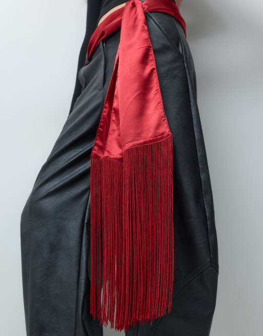ASOS DESIGN satin fringe scarf in red, 3 of 4