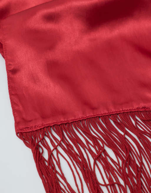 ASOS DESIGN satin fringe scarf in red, 4 of 4
