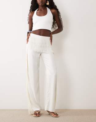Asos Design Satin Fringe Wide Leg Pants In White