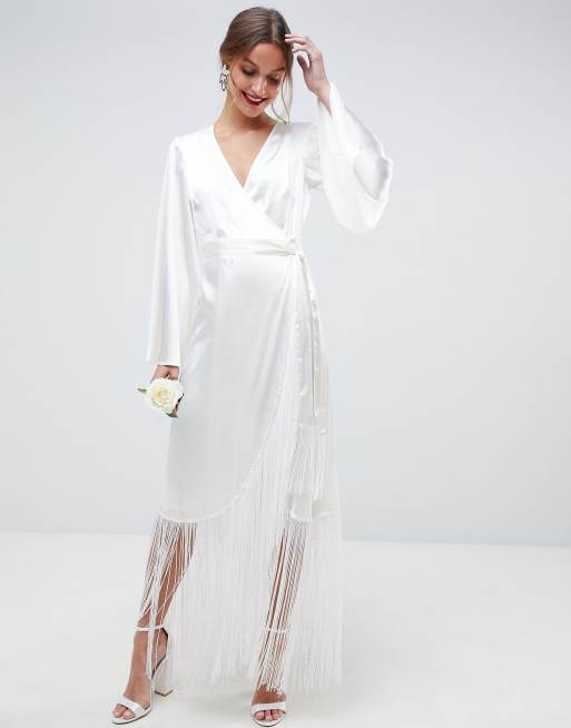 ASOS DESIGN satin fringe wrap wedding dress CREAM