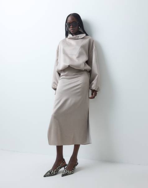 ASOS DESIGN satin funnel neck jacket in taupe co ord - GREY - view 1