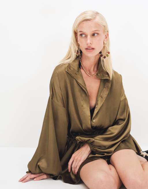 ASOS DESIGN satin funnel neck romper in khaki, 3 of 7