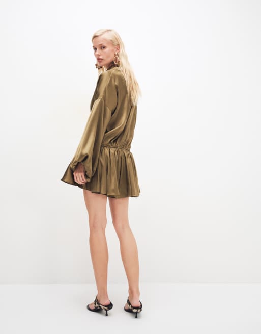 ASOS DESIGN satin funnel neck romper in khaki, 4 of 7