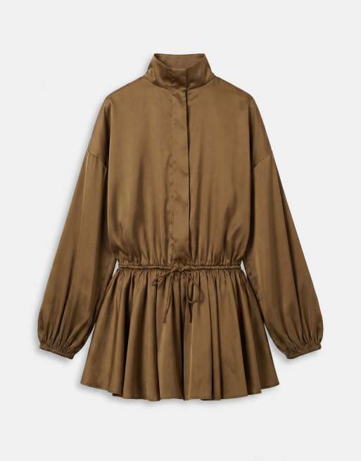 ASOS DESIGN satin funnel neck romper in khaki, 5 of 7