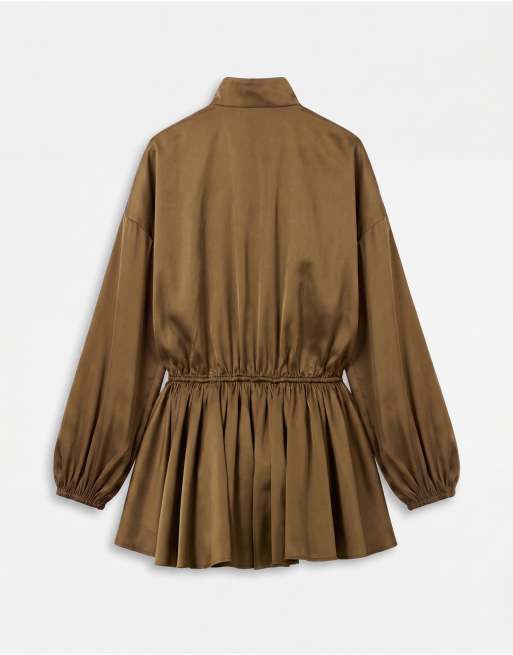 ASOS DESIGN satin funnel neck romper in khaki, 6 of 7