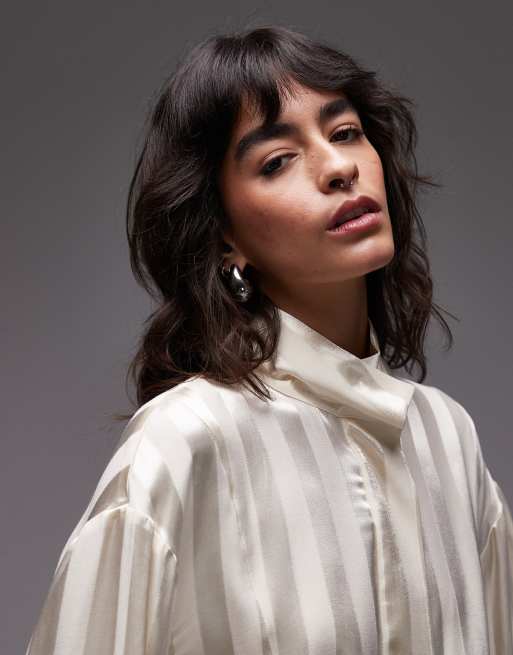 ASOS DESIGN satin funnel neck shirt in ecru stripe - part of a set