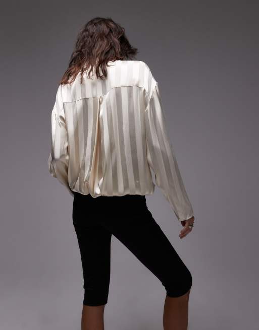 ASOS DESIGN satin funnel neck shirt in ecru stripe - part of a set