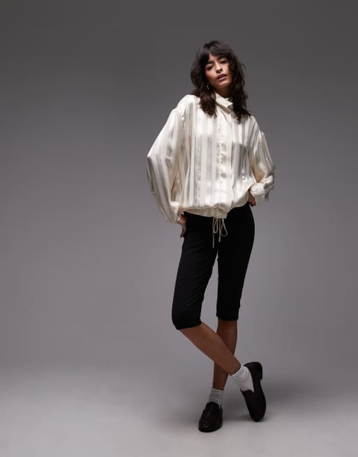 ASOS DESIGN satin funnel neck shirt in ecru stripe - part of a set