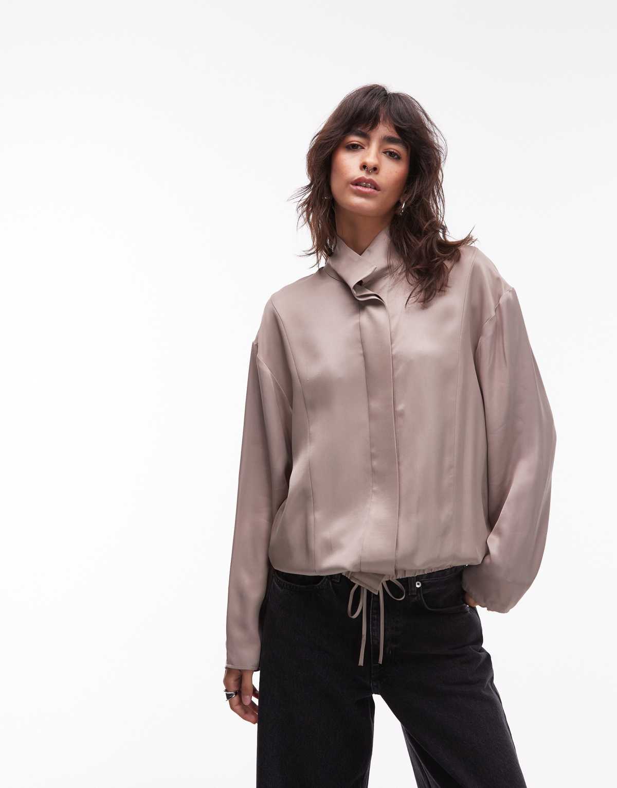 ASOS DESIGN satin funnel neck shirt in mocha co ord