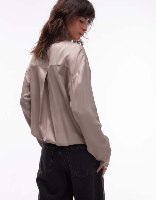 ASOS DESIGN satin funnel neck shirt in mocha - part of a set