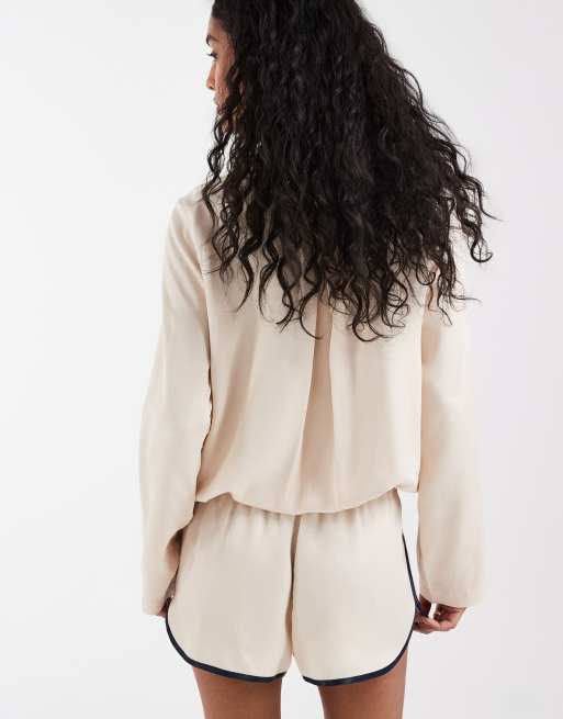 ASOS DESIGN satin funnel neck sporty stripe jacket in ecru, 4 of 4