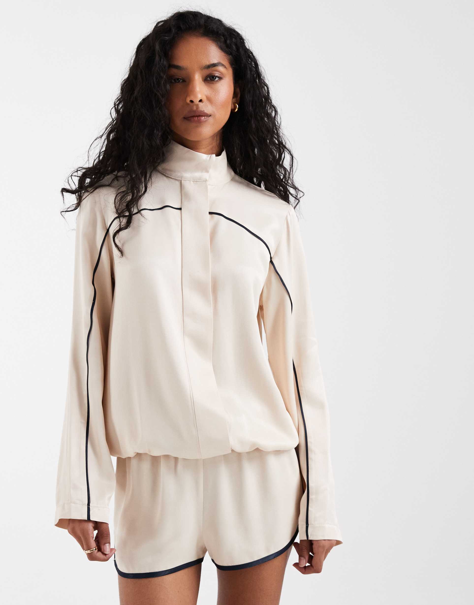 asos design satin funnel neck sporty striped jacket in ecru