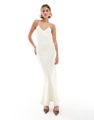 Asos Design Satin Halter Back Detail Maxi Dress In Buttermilk-yellow