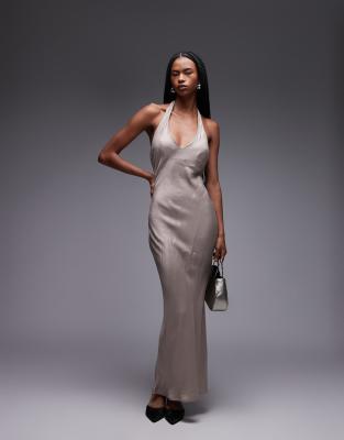 Asos Design Satin Halter Bias Maxi Dress In Silver