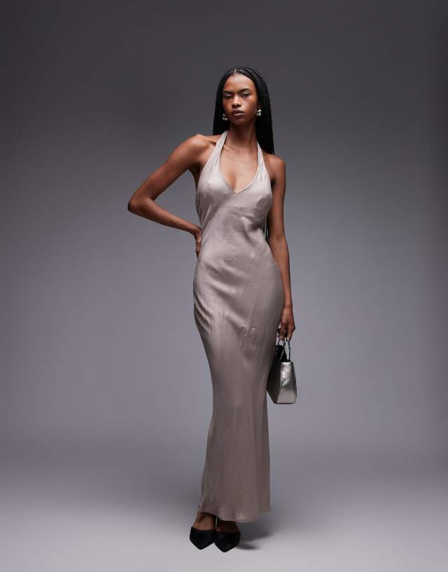 matte silk halter maxi dress ASOS Design satin bias in mocha-Brown LowStock:42547874070579