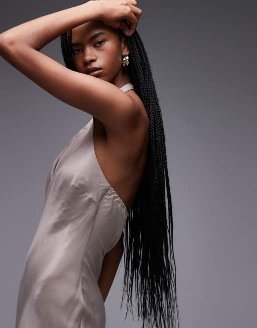 ASOS DESIGN satin halter bias maxi dress in mocha