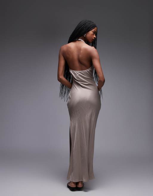 ASOS DESIGN satin halter bias maxi dress in mocha