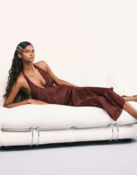 ASOS DESIGN satin halter bias maxi dress in plum - view 1