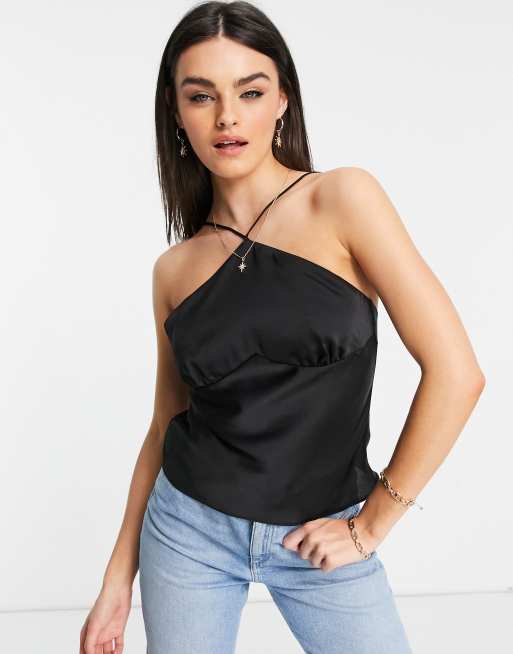 ASOS DESIGN satin halter cami with and tie back in black