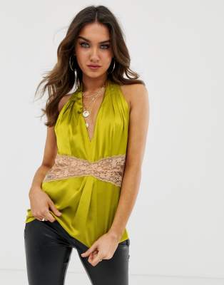 ASOS DESIGN satin halter cami with lace detail-White White