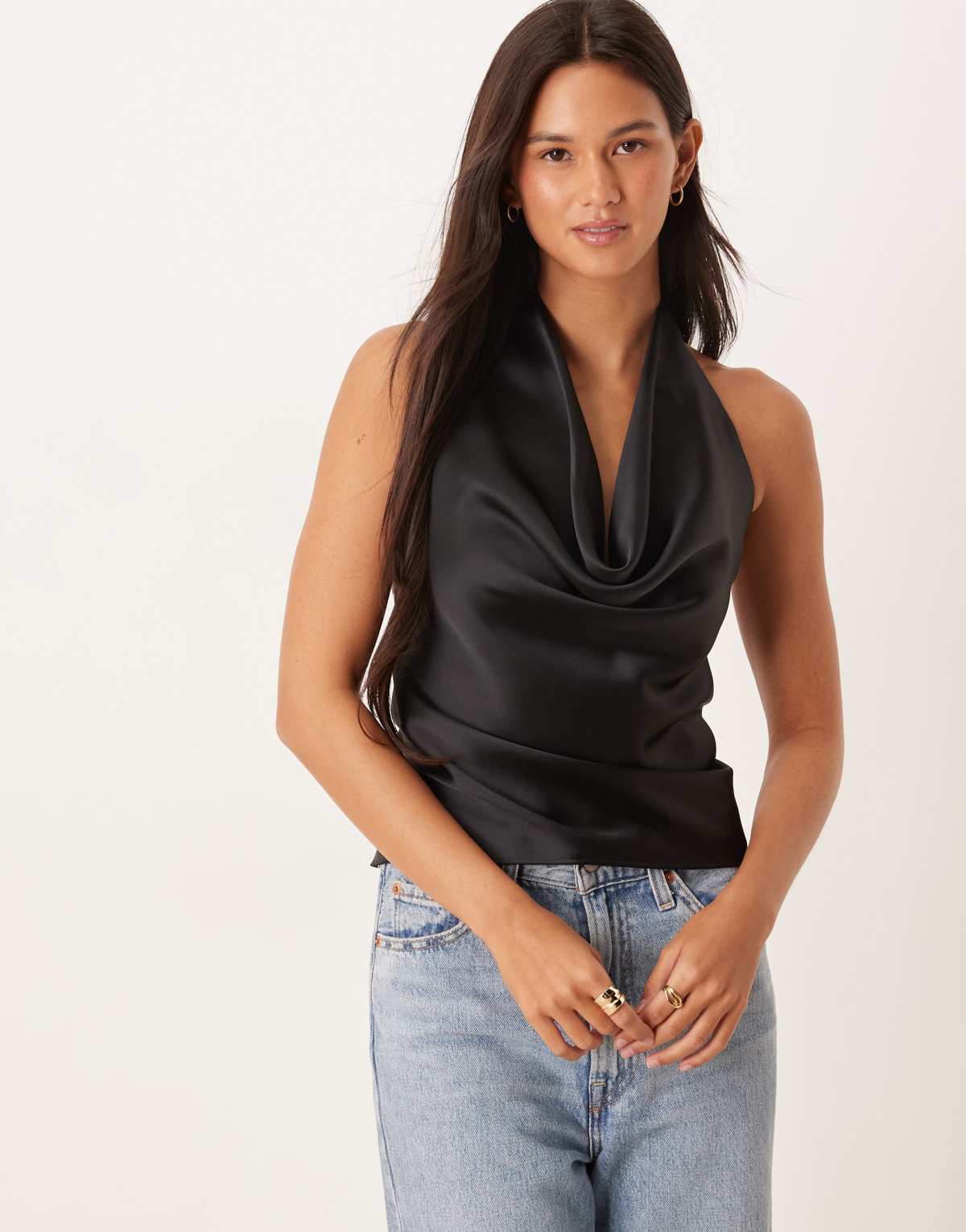 ASOS DESIGN satin halter cowl cami top in black