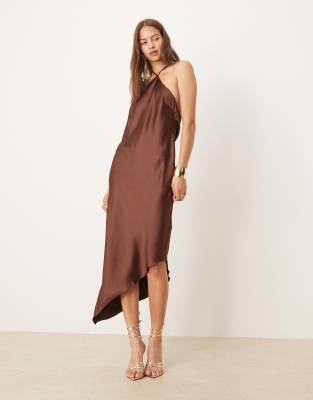 ASOS DESIGN satin halter maxi dress in chocolate - view 1