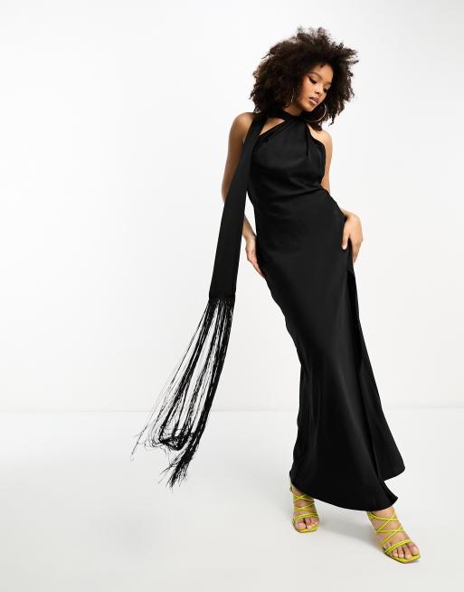 ASOS DESIGN satin halter maxi dress with fringe scarf detail in