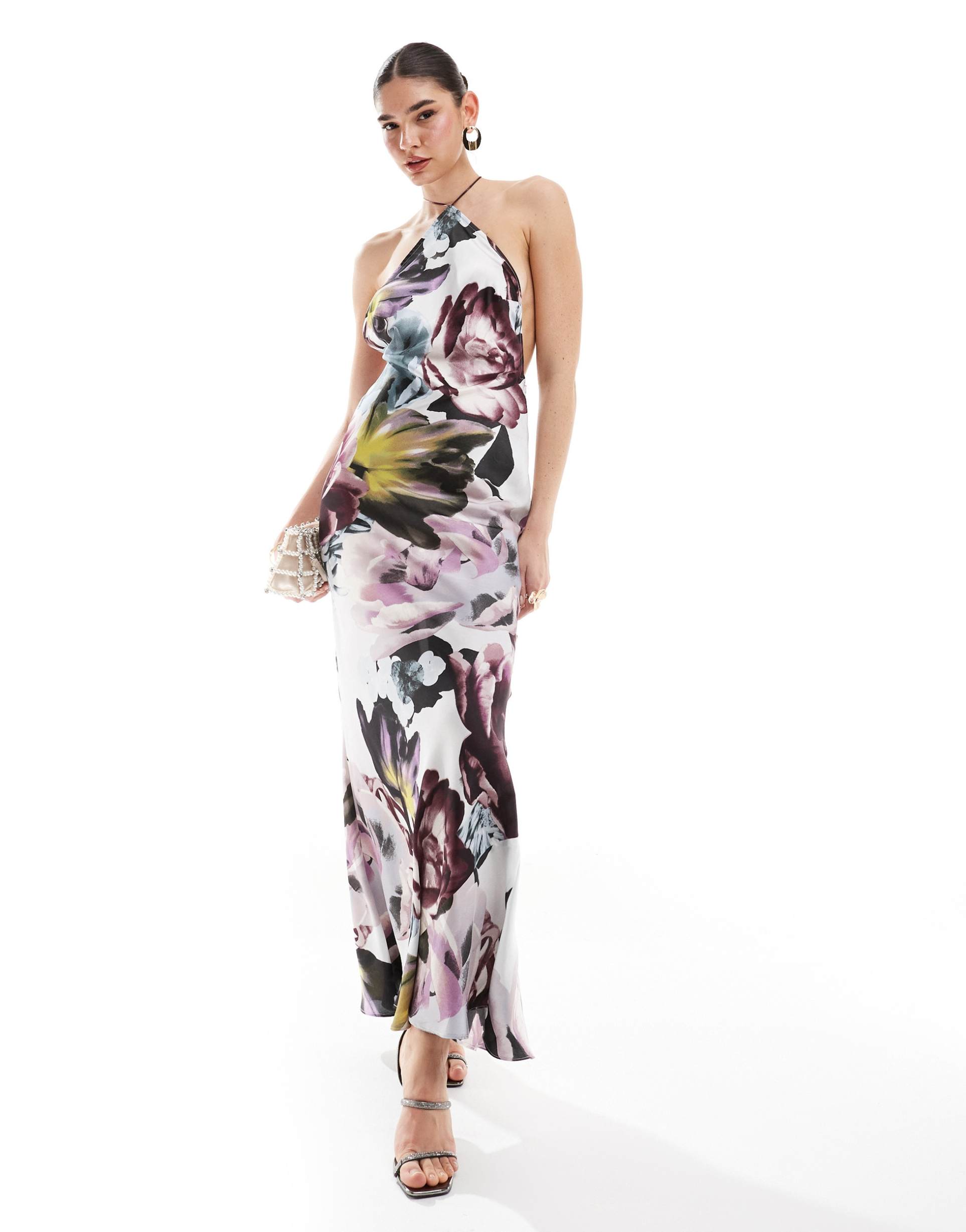 asos design satin halter maxi dress with shaped back detail in overscale floral print