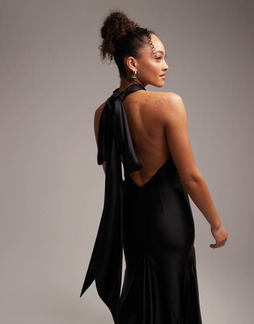 Black Black Halter Satin Open Back Maxi Dress