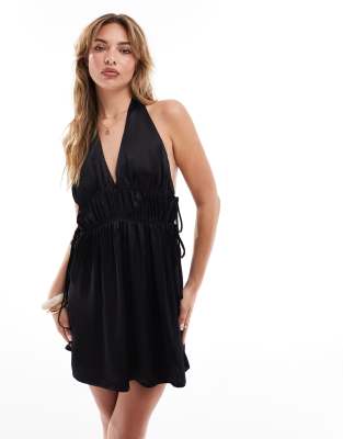 Asos Design Satin Halter Mini Dress With Tie Side Details In Black