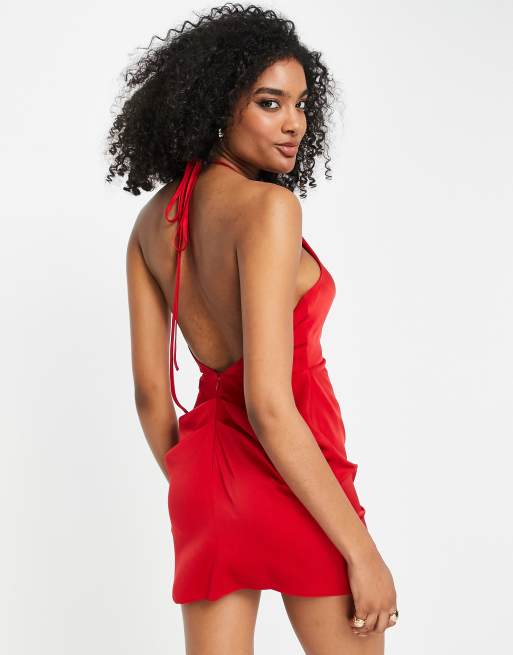 ASOS DESIGN Satin halter neck backless mini dress with waist detail in red