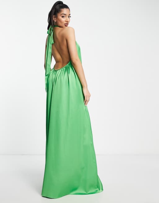 Green Wide Leg Flowy Jumpsuit With Waist Folds, Backless Design