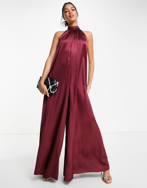 Asos Design Satin Halter Neck Backless Wide Leg Jumpsuit In Burgundy Asos 8118