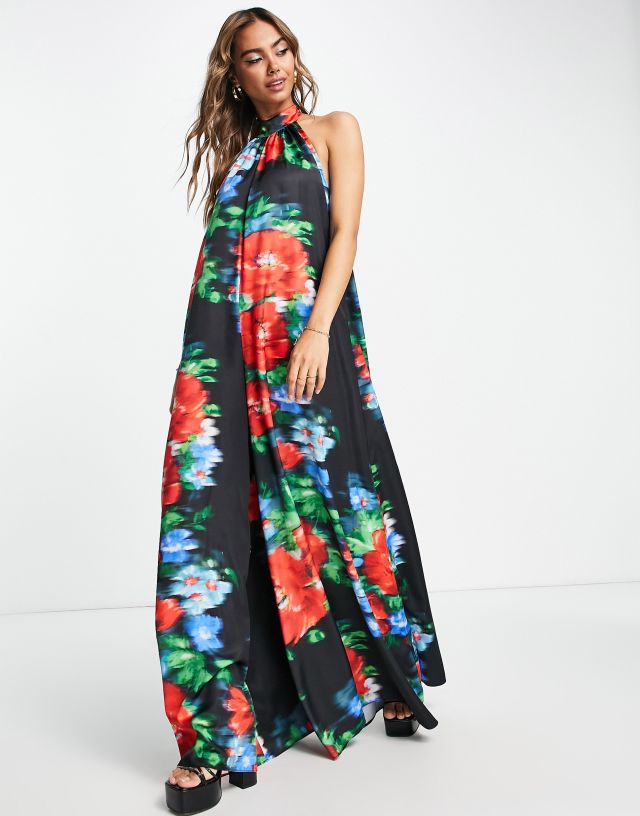 ASOS DESIGN - satin halter neck backless wide leg jumpsuit in floral print