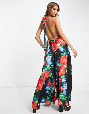 ASOS DESIGN satin backless jumpsuit with collar in ditsy print