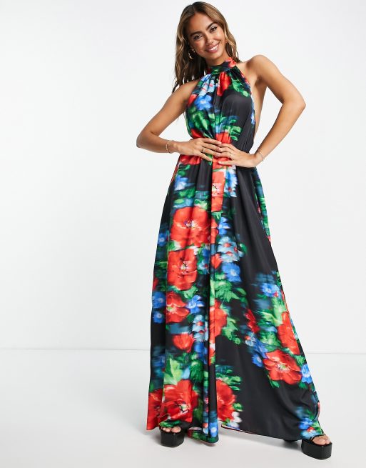 Multi Floral Print Halterneck Wide Leg Jumpsuit