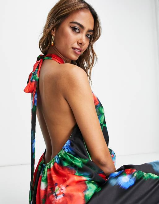 ASOS DESIGN satin halter neck backless wide leg jumpsuit in floral print