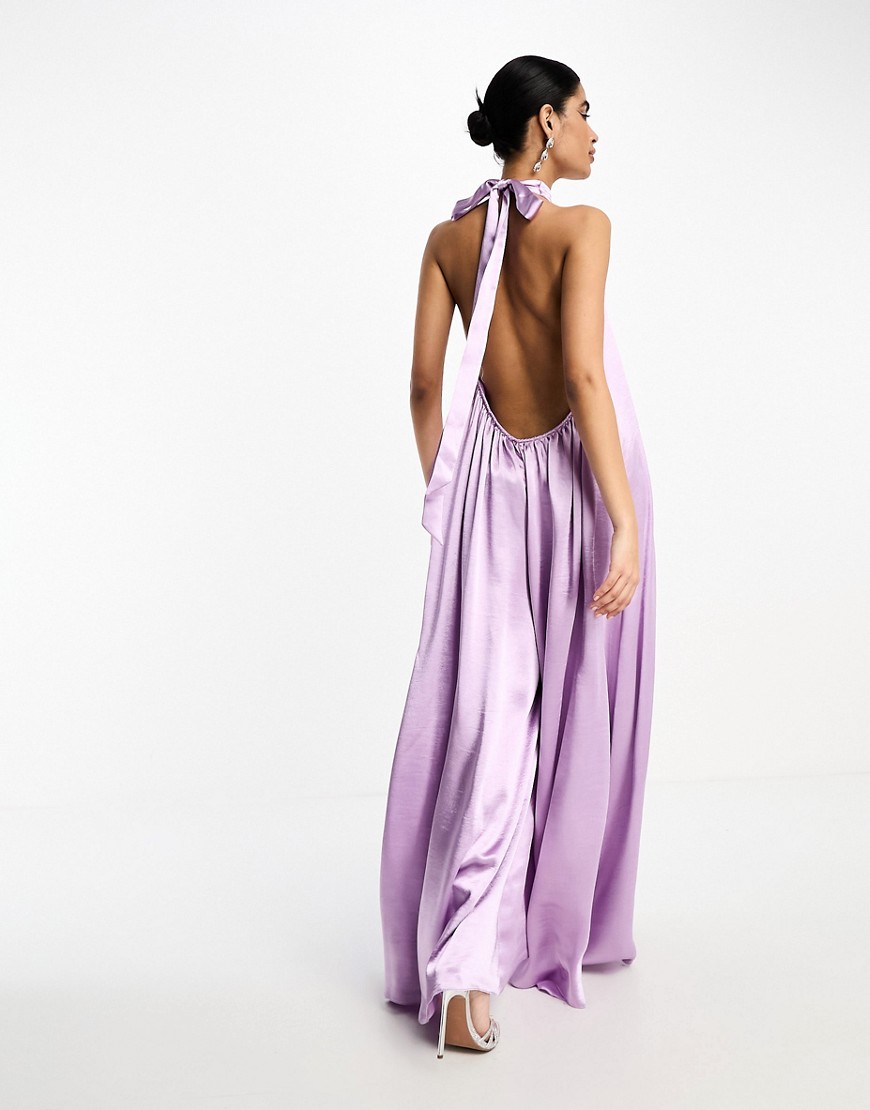 ASOS DESIGN satin halter neck backless wide leg jumpsuit in lilac-Purple
