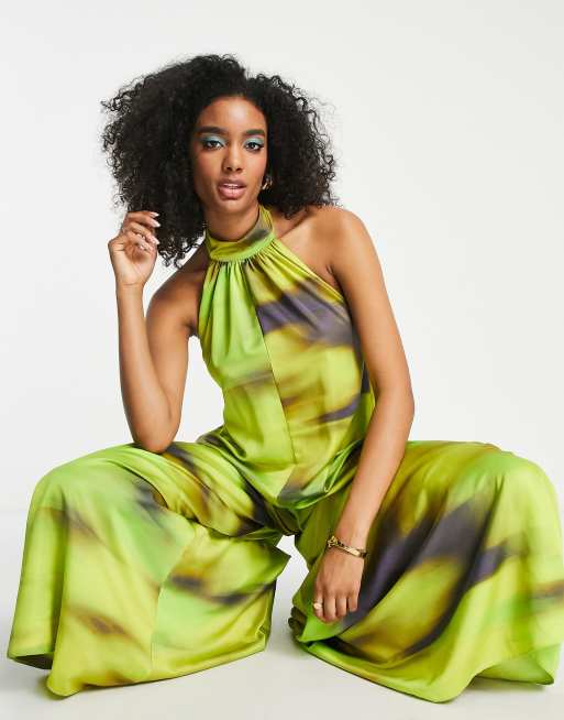 ASOS DESIGN structured halter jumpsuit with tie waist detail in chartreuse