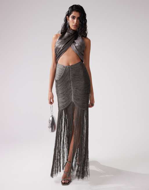 Satin halter dress with fringing - Studio · Black · Smart