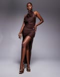 [ASOS DESIGN] ASOS DESIGN satin halter neck hi lo dress in chocolate-Brown 4 Chocolate