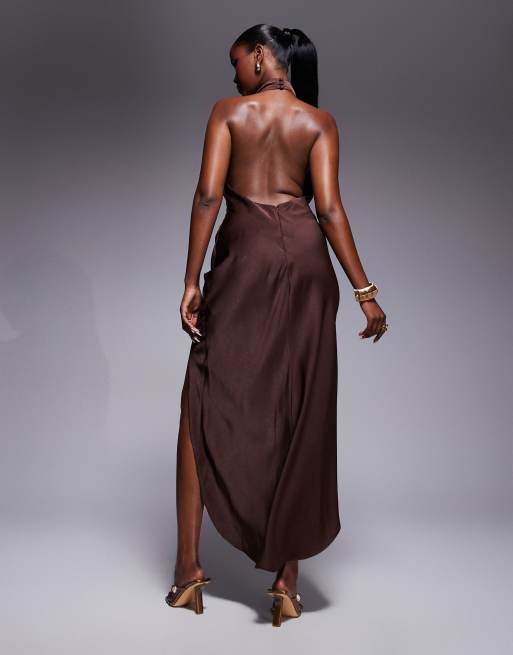 ASOS DESIGN satin halter neck high low dress in chocolate