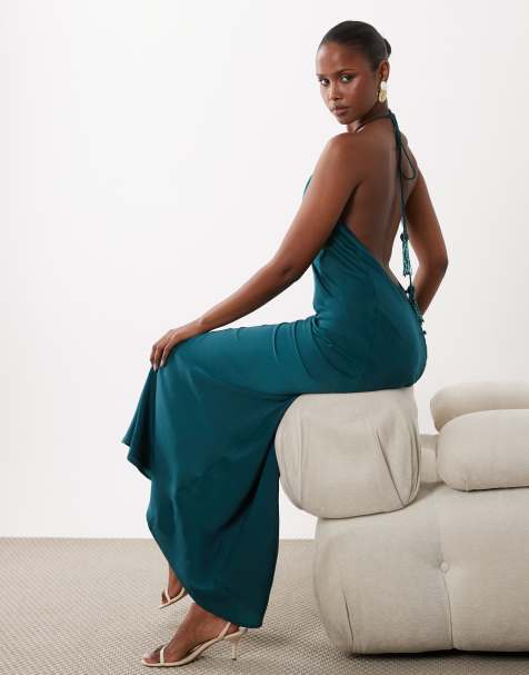 ASOS DESIGN satin halter neck maxi dress with beaded tassel detailing in dark teal - view 1
