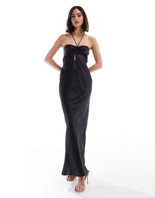 satin halter neck maxi dress with gathered bust and keyhole split in black