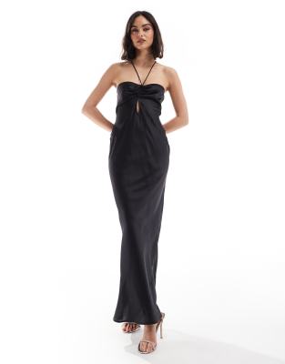 Asos Design Satin Halter Neck Maxi Dress With Gathered Bust And Keyhole Split In Black