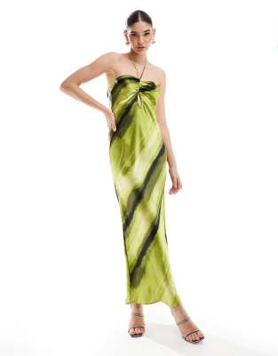 Asos Design Satin Halter Neck Maxi Dress With Gathered Bust And Keyhole Split In Green Abstract Stripe-multi