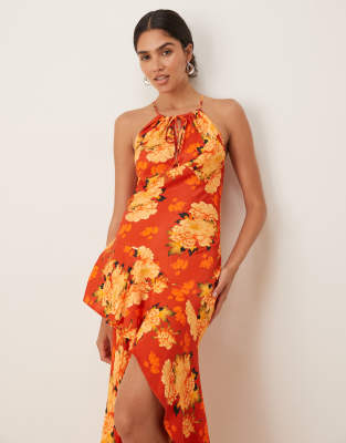 Asos Design Satin Halter Neck Maxi Dress With Ruffle Hem Detail