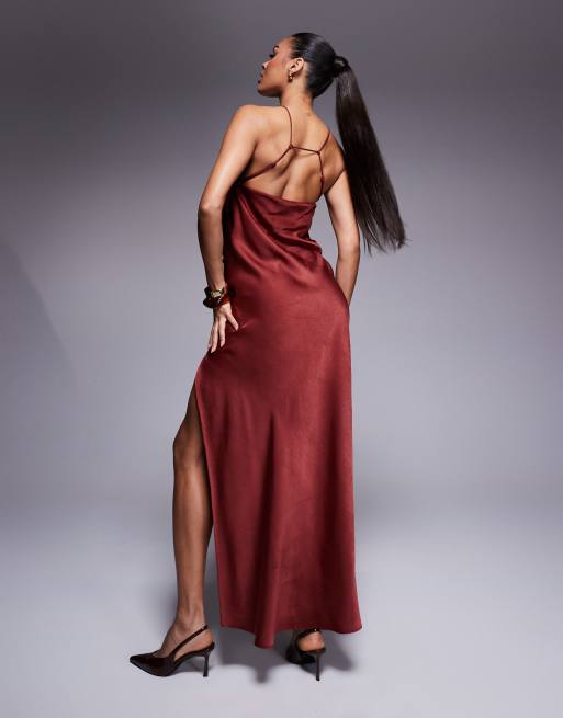 ASOS DESIGN satin halter neck maxi dress with split detail in deep rust, 2 of 4
