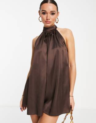 ASOS DESIGN satin halter neck playsuit in chocolate