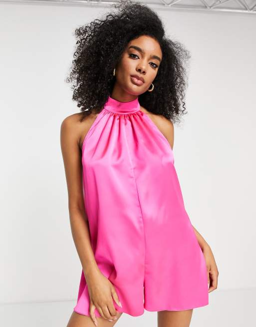 ASOS DESIGN satin halter neck playsuit in hot pink